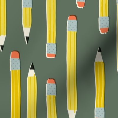 Retro school pencils on green, large sclae
