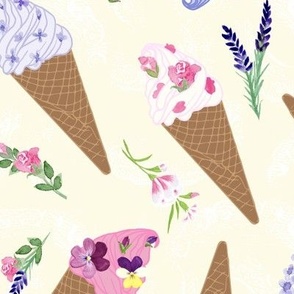 Medium Flower Topped Ice Cream Cones on Light Yellow Texture