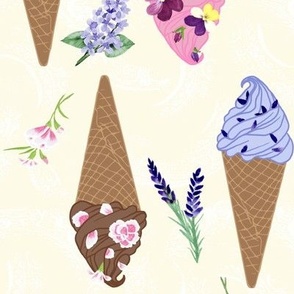 Medium Flower Topped Ice Cream Cones and Flower Stems on Light Yellow Texture