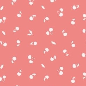 Tiny monochrome playful cherry silhouette, off white berries on warm pink