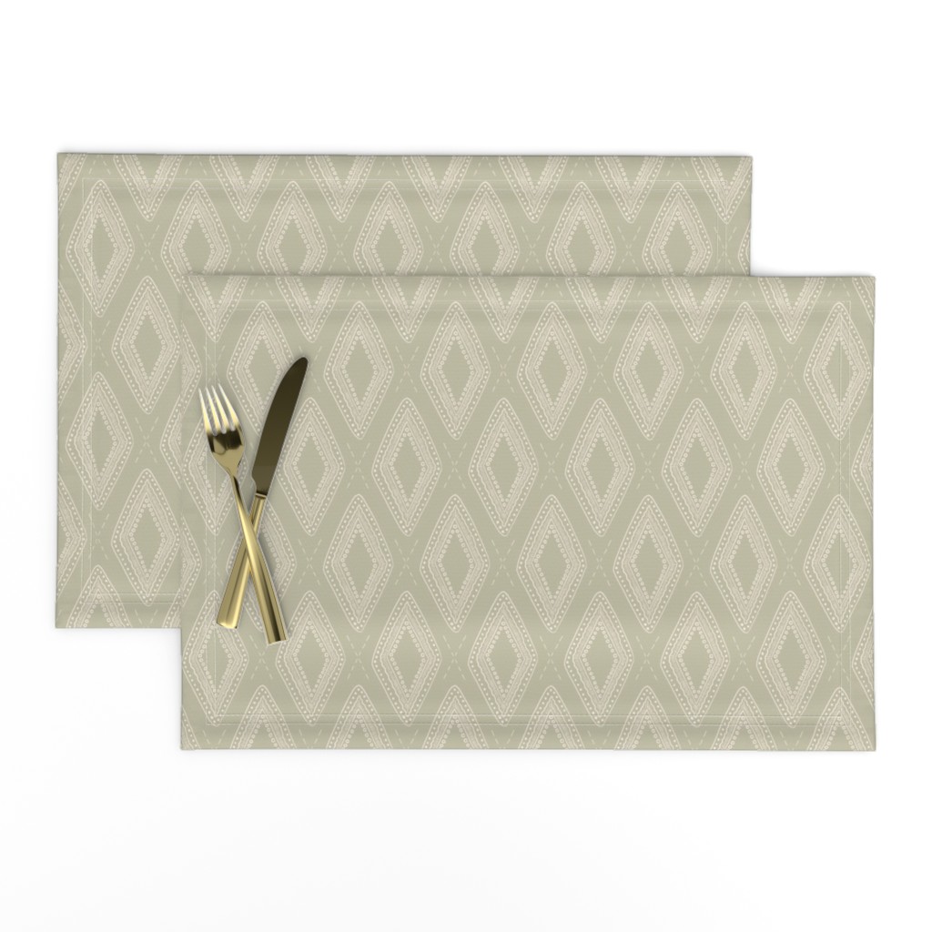 Sketchy (M) seashell diamond ornaments in diagonal grid - white on pastel olive green