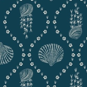 White (M) hand-drawn seashells and seagrass in ogee design on dark blue background