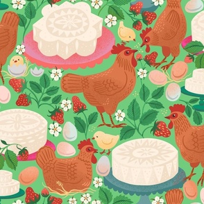 Scandinavian Cheesecake Easter Hens, Eggs and Strawberries - Emerald Green