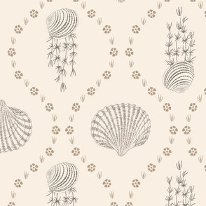 White (M ) hand-drawn seashells and seagrass in ogee design on beige background