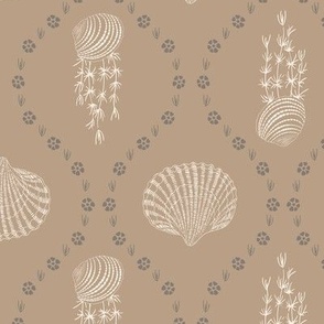 White (M) hand-drawn seashells and seagrass in ogee design on pastel brown background