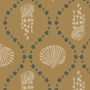 White (M) hand-drawn seashells and seagrass in ogee design on honey yellow background