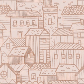 Old town. Charming Old European Town Seamless Pattern - Vintage Cityscape Design. Graphite version