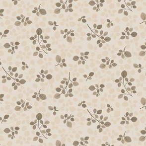 Tossed Three Leaves Branches in beige on a cream  background ( medium scale ).