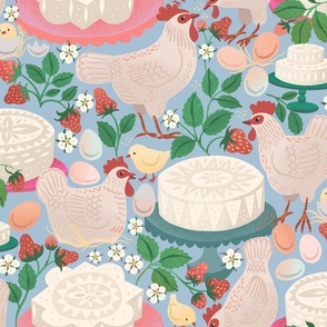 Scandinavian Cheesecake Easter Hens, Eggs and Strawberries - Light Blue