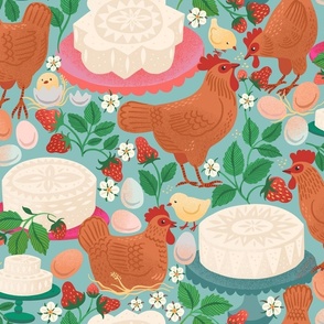 Scandinavian Cheesecake Easter Hens, Eggs and Strawberries - retro turquoise
