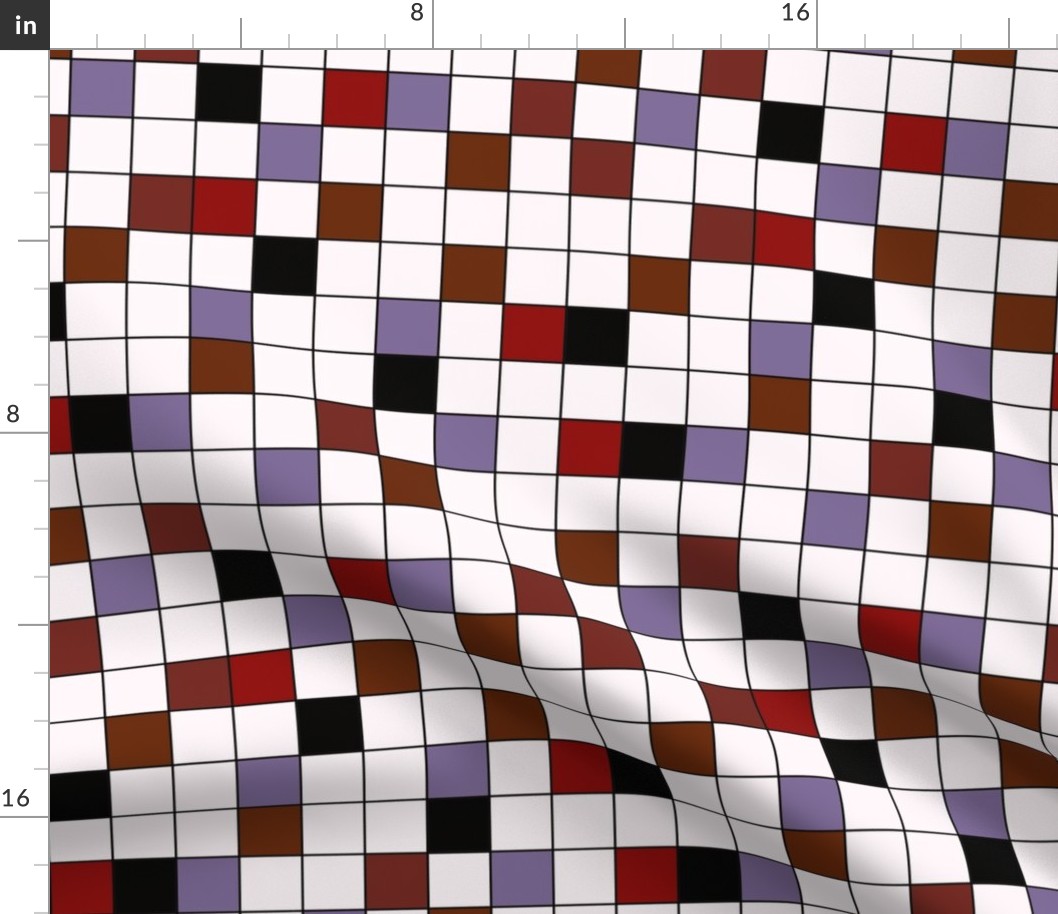 Checkered pattern. red, white, black, lilac, brown squares.