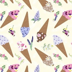 Small Flower Topped Ice Cream Cones on Light Yellow Texture