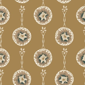 Seashell medallions (M) - sand dollars  in brown, beige and dark cerulean cyan tones on honey yellow background 