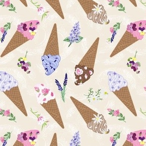 Small Flower Topped Ice Cream Cones on Cream Texture