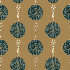 Seashell medallions (M) - sand dollars  in dark blue on honey yellow background 