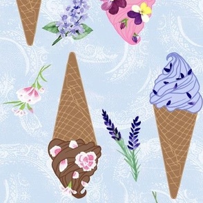 Medium Flower Topped Ice Cream Cones and Sprinkles on Pale Blue Texture