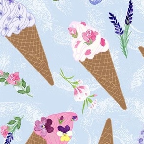 Medium Flower Topped Ice Cream Cones on Pale Blue Texture