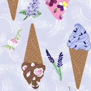Medium Flower Topped Ice Cream Cones and Flower Stems on Pale Pale Iris Texture