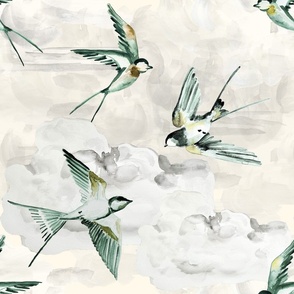 Large Sage Green and Gold Swallows on Cream / Wallpaper