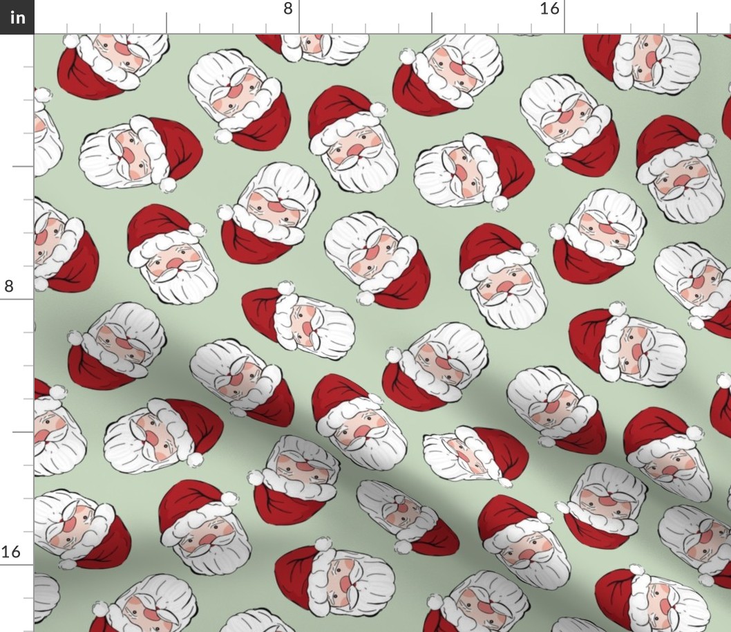 Vintage santa - fifties freehand sketched santa claus Christmas design ruby red on sage green