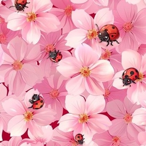 Cute ladybugs and pink flowers