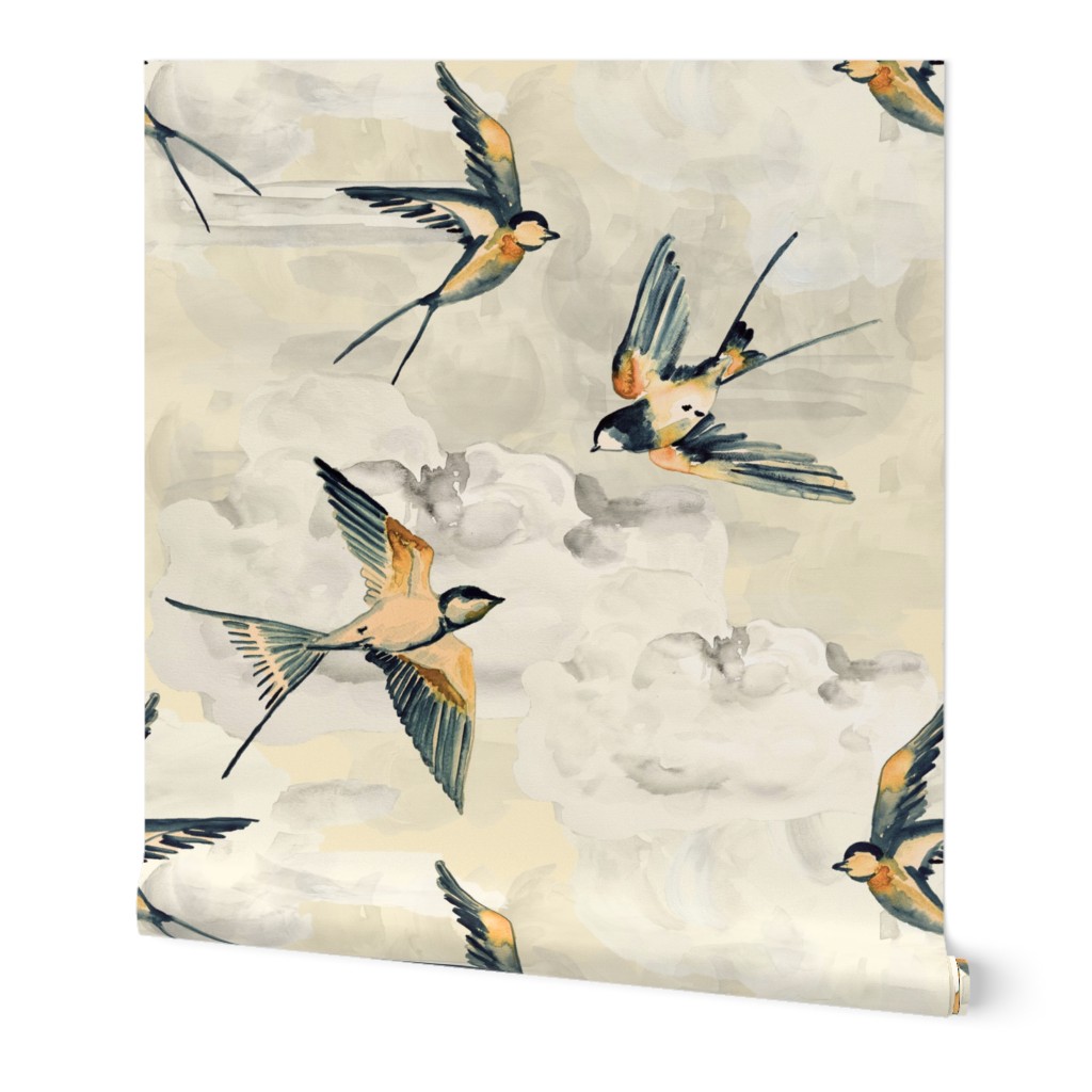 Medium Golden Swallows on Cream / Birds / Clouds