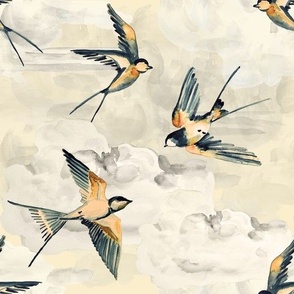 Medium Golden Swallows on Cream / Birds / Clouds