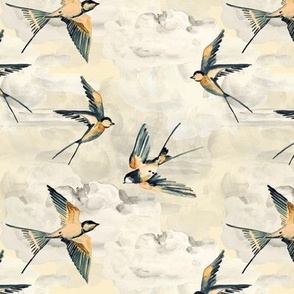 Small Golden Swallows on Cream / Birds / Clouds / Vintage