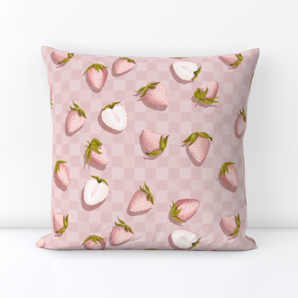 Pineberry Picnic Pink Strawberries on Soft Pink Checkerboard Blanket