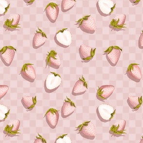 Pineberry Picnic Pink Strawberries on Soft Pink Checkerboard Blanket