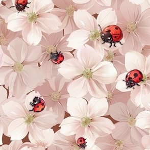 Cute ladybugs and white flowers