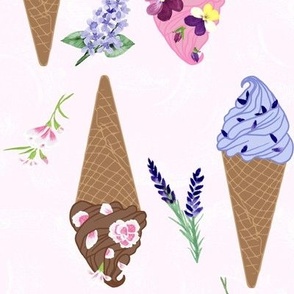 Medium Flower Topped Ice Cream Cones and Flower Stems on Very Pale Pink Texture