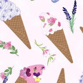 Medium Flower Topped Ice Cream Cones on Very Pale Pink Texture