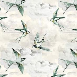Small Sage Green Gold Swallows on Cream / Watercolor
