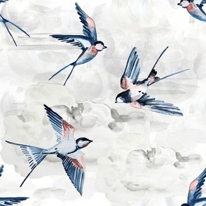 Medium Red Swallows on Clouds / Vintage / Watercolor