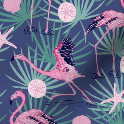 (M) Dancing Flamingos in Purplish-blue