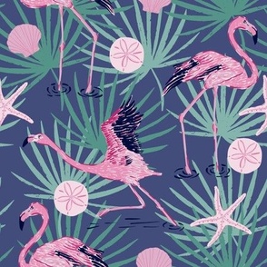 (M) Dancing Flamingos in Purplish-blue