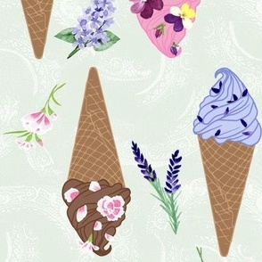 Medium Flower Topped Ice Cream Cones and Sprinkles on Pale Sage Green Texture