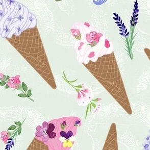 Medium Flower Topped Ice Cream Cones on Pale Sage Green Texture