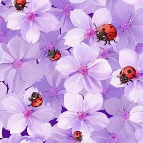 Cute ladybugs and purple flowers