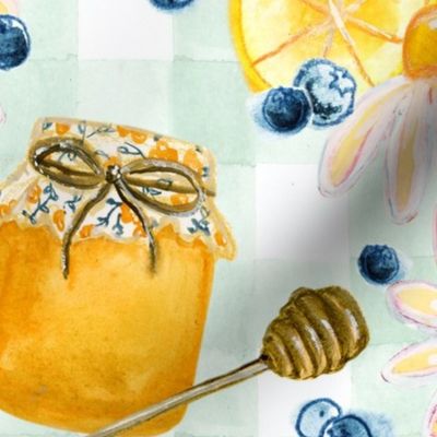 Honey Lemon Tea & Blueberries with Mint Green Gingham: Hand-painted