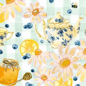 Honey Lemon Tea & Blueberries with Mint Green Gingham: Hand-painted