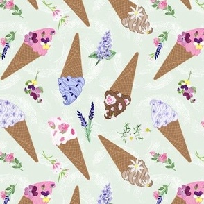 Small Flower Topped Ice Cream Cones on Pale Sage Green Texture
