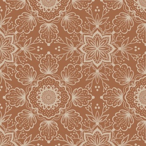 Bursting Flower Mandala Leaves Terracotta Rust Orange Dining Room Folk Farmhouse Boho