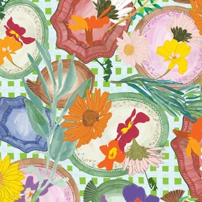 Edible Flowers Treat Yourself , pottery plates on picnic checkered cloth