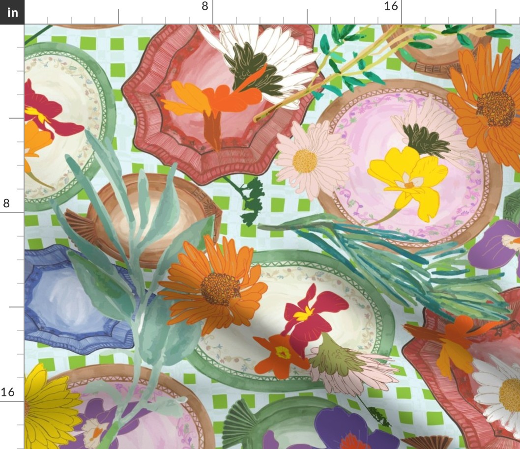 Edible Flowers Treat Yourself , pottery plates on picnic checkered cloth