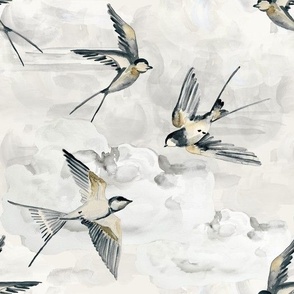 Medium Scandi Gold Swallows on Cream / Birds / CLouds