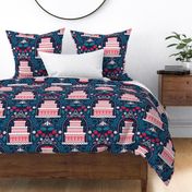 Strawberry cake garden -  red and blue - whimsical - home decor - bedding - wallpaper - curtains - summer - spring - party.
