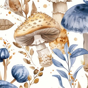 Watercolor Dusty Blue Beige Woodland Mushrooms