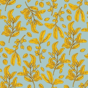 Mustard Yellow Pistachio Plants and Nuts on Blue Background
